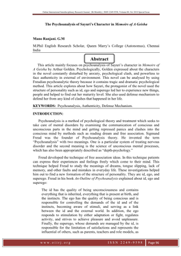 Abstract This Article Mainly Focuses on Psychoanalysis of Sayuri’S Character in Memoirs of a Geisha by Arthur Golden