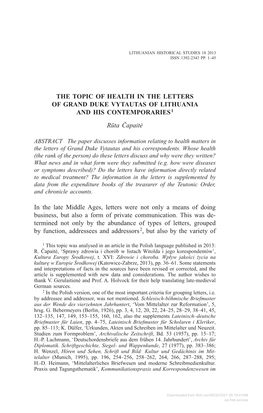 Downloaded from Brill.Com09/30/2021 09:19:41AM Via Free Access 2 RŪTA ČAPAITĖ Topics Discussed in the Letters