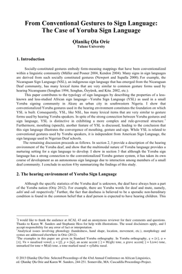 From Conventional Gestures to Sign Language: the Case of Yoruba Sign Language