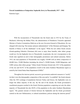 Sephardic Jewry in Thessaloniki, 1917 – 1941 Katerina Lagos