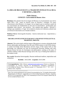 La Idea De Bizancio En La Tradición Intelectual Rusa Y Soviética, 1840-1970 *