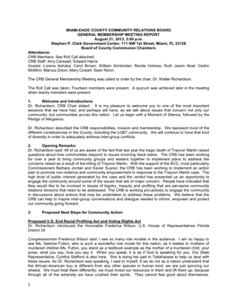 MIAMI-DADE COUNTY COMMUNITY RELATIONS BOARD GENERAL MEMBERSHIP MEETING REPORT August 21, 2013, 2:00 P.M