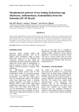 Morphometric Patterns of Two Fouling Eudendrium Spp. (Hydrozoa, Anthomedusae, Eudendriidae) from São Sebastião (SP, SE Brazil)