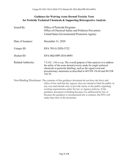 Guidance for Waiving Acute Dermal Toxicity Tests for Pesticide Technical Chemicals & Supporting Retrospective Analysis