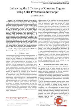 Enhancing the Efficiency of Gasoline Engines Using Solar Powered Supercharger