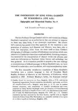 THE INSCRIPTION of KING RAMA GA~Hi:N of SUKHODAYA (1292 A.D.) Epigraphic and Historical Studies No.9 by A.B