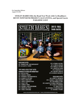 STOLEN BABIES Hits the Road Next Week with Co-Headliners DEVIN TOWNSEND PROJECT, KATATONIA, and Special Guests PARADISE LOST