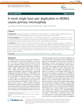 A Novel Single Base Pair Duplication in WDR62 Causes Primary Microcephaly Verena Rupp1, Sobiah Rauf2, Ishrat Naveed2, Windpassinger Christian1 and Asif Mir2*