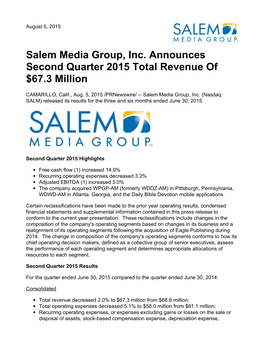 Salem Media Group, Inc. Announces Second Quarter 2015 Total Revenue of $67.3 Million