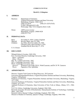 1 David G. I. Kingston I. ADDRESS Business: Department of Chemistry Virginia Polytechnic Institute and State University Blacksbu