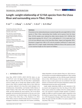Weight Relationship of 12 Fish Species from the Lhasa River and Surrounding Area in Tibet, China