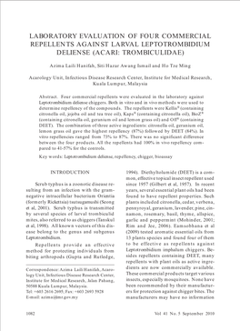 Laboratory Evaluation of Four Commercial Repellents Against Larval Leptotrombidium Deliense (Acari: Trombiculidae)