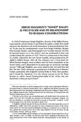 "Soviet" Ballet: Le Pas D'acier and Its Relationship to Russian Constructivism*