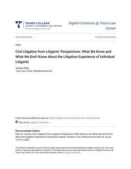 Civil Litigation from Litigants' Perspectives: What We Know and What We Don't Know About the Litigation Experience of Individual Litigants