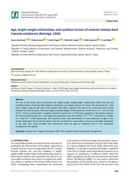 Age, Length-Weight Relationships and Condition Factors of Endemic Antalya Barb Capoeta Antalyensis (Battalgil, 1943)