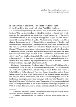 In the Service of the Truth. the 620Th Academic Year at the Pontifical University of John Paul II in Krakow