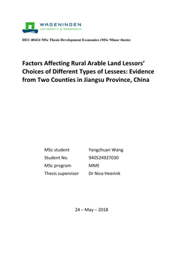 Factors Affecting Rural Arable Land Lessors' Choices Of