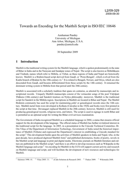 Towards an Encoding for the Maithili Script in ISO/IEC 10646