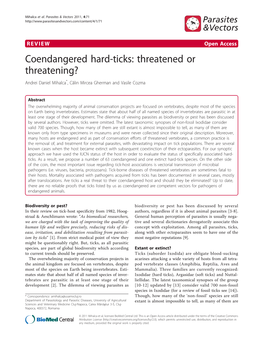 Coendangered Hard-Ticks: Threatened Or Threatening? Andrei Daniel Mihalca*,Călin Mircea Gherman and Vasile Cozma