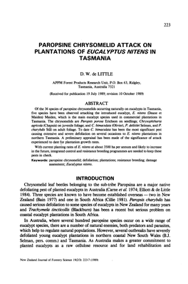Paropsine Chrysomelid Attack on Plantations of Eucalyptus Nitens in Tasmania