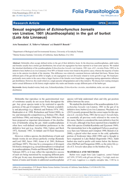 Sexual Segregation of Echinorhynchus Borealis Von Linstow, 1901 (Acanthocephala) in the Gut of Burbot (Lota Lota Linnaeus)