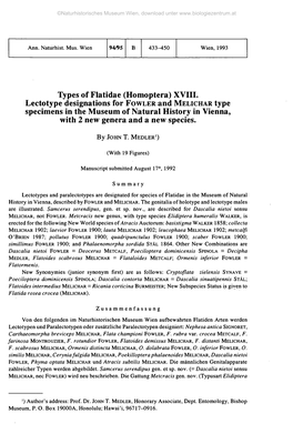 XVIII. Lectotype Designations for FOWLER and MELICHAR Type Specimens in the Museum of Natural History in Vienna, with 2 New Genera and a New Species