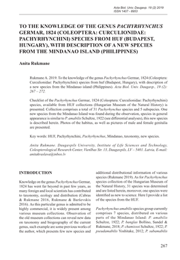 Coleoptera: Curculionidae: Pachyrhynchini) Species from Huf (Budapest, Hungary), with Description of a New Species from the Mindanao Island (Philippines