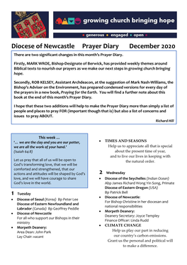 Diocese of Newcastle Prayer Diary December 2020 There Are Two Significant Changes in This Month’S Prayer Diary