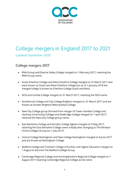 College Mergers in England 2017 to 2021 (Updated September 2020)