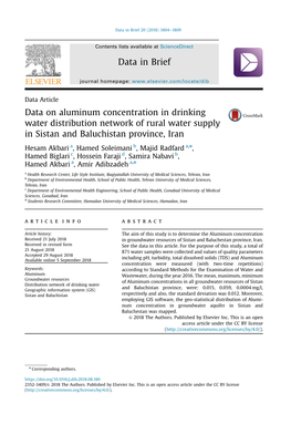 Data on Aluminum Concentration in Drinking Water Distribution Network of Rural Water Supply in Sistan and Baluchistan Province, Iran