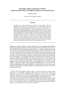 Kassandra: Mantic, Maenadic Or Manic? Gender and the Nature of Prophetic Experience in Ancient Greece