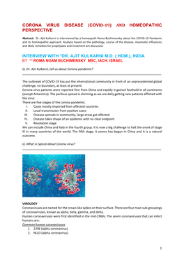 Corona Virus Disease (Covid-19) and Homeopathic Perspective