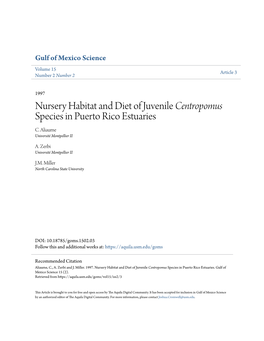 Nursery Habitat and Diet of Juvenile Centropomus Species in Puerto Rico Estuaries C