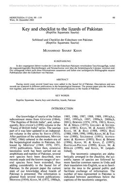 Key and Checklist to the Lizards of Pakistan (Reptilia: Squamata: Sauria)