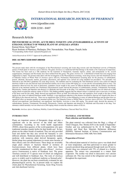 Phytochemical Study, Acute Drug Toxicity and Anti