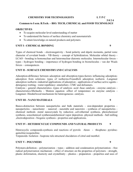 CHEMISTRY for TECHNOLOGISTS L T P C 3 0 2 4 Common to I Sem. B.Tech