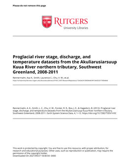 Proglacial River Stage, Discharge, and Temperature Datasets from the Akuliarusiarsuup Kuua River Northern Tributary, Southwest Greenland, 2008-2011