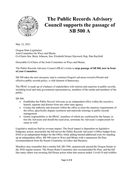 The Public Records Advisory Council Supports the Passage of SB 500 A