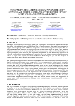 Use of Multi-Resolution Laser Scanning/White Light Scanning and Digital Modelling of the Historic Huts of Scott and Shackleton in Antarctica