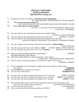 2016 NJCL CERTAMEN NOVICE DIVISION ROUND ONE (Version 1.0)