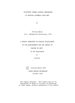 Attitudes Toward Chinese Immigrants to British Columbia, 1858