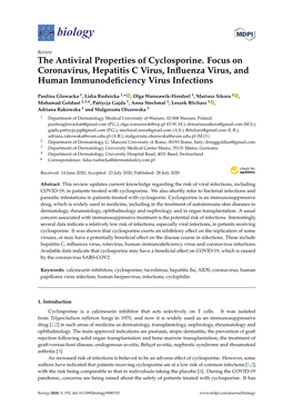 The Antiviral Properties of Cyclosporine. Focus on Coronavirus, Hepatitis C Virus, Inﬂuenza Virus, and Human Immunodeﬁciency Virus Infections
