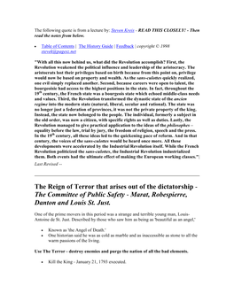 The Reign of Terror That Arises out of the Dictatorship - the Committee of Public Safety - Marat, Robespierre, Danton and Louis St