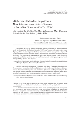 La Polémica Mare Liberum Versus Mare Clausum En Las Indias Orientales (1603-1625)/ «Governing the World»