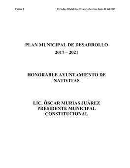 Plan Municipal De Desarrollo 2017 – 2021 Honorable