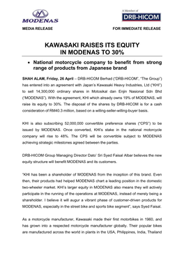 Kawasaki Raises Its Equity in Modenas to 30%