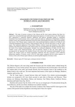 Analogous Tectonic Evolution of the Tethyan and Se Asian Regions J. Shahabpour