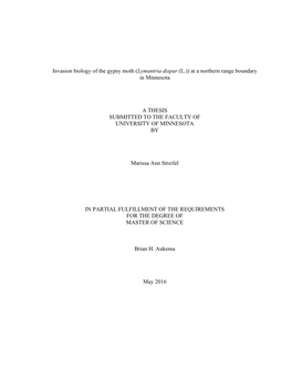 Invasion Biology of the Gypsy Moth (Lymantria Dispar (L.)) at a Northern Range Boundary in Minnesota