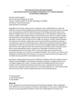 Transcript of Interview with Seng Luangrath Asian American Voices in the Making of Washington, D.C.’S Cultural Landscape DC Oral History Collaborative