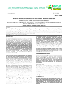 In Vitro Propagation of Genus Dioscorea – a Critical Review Supriya Das*1, M